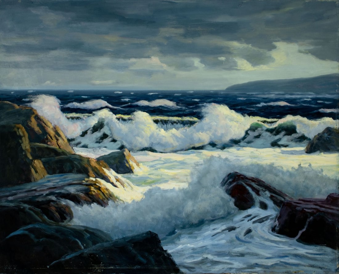 George Holloway (NJ,20C) oil painting: ARTIST: George Holloway (New Jersey, 20 century) TITLE: Stormy Seascape MEDIUM: oil on canvas CONDITION: Some small paint losses mostly in the lower part of the painting. Mi