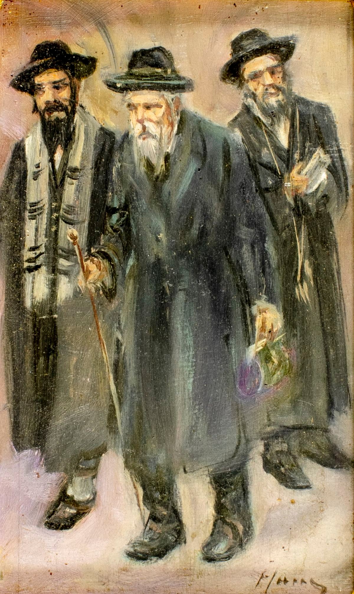Vintage 20C Polish oil painting signed: ARTIST: - (Polish, 20 century) TITLE: Three Rabbis MEDIUM: oil on board CONDITION: Some vertical surface cracks. Few minor paint losses. No visible inpaint under UV light.