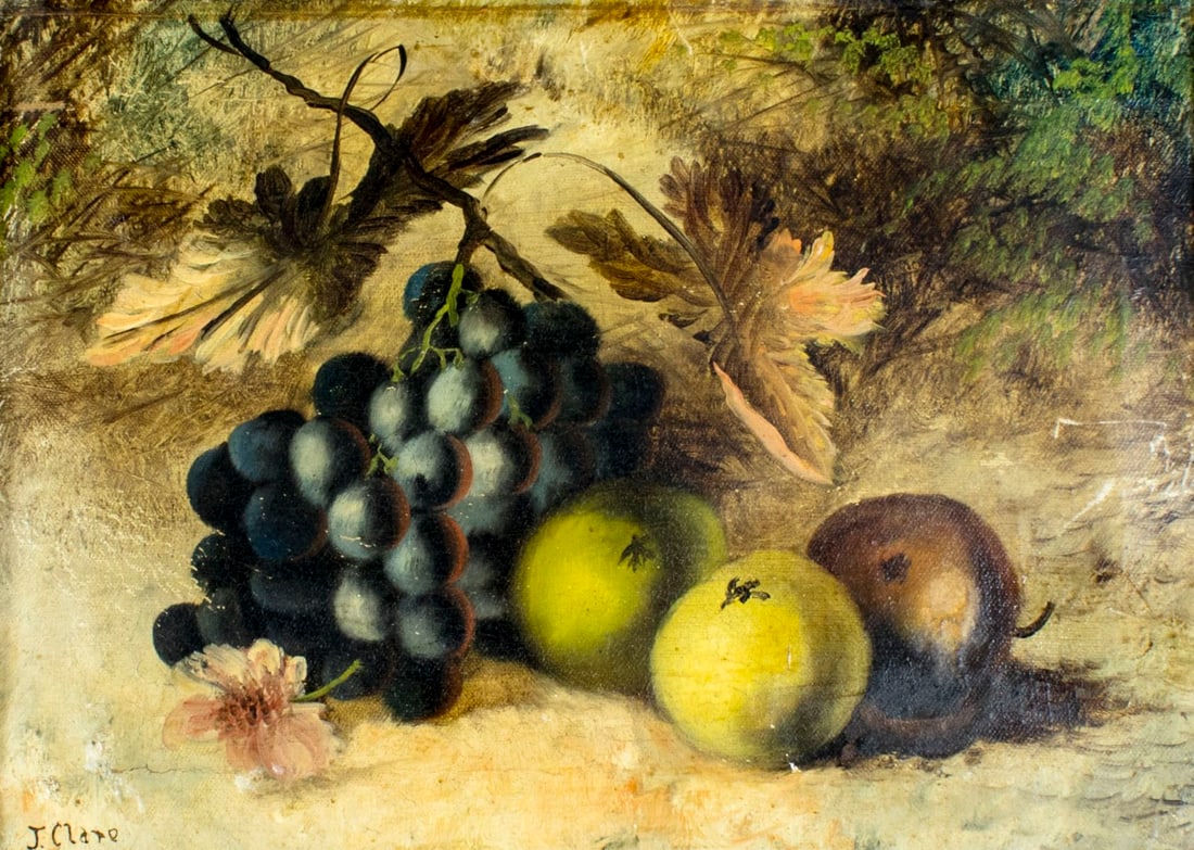 Joseph Clare (US,1846-1917) oil painting antique: ARTIST: Joseph Clare (American, 1846 - 1917) NAME: Still Life with Fruits MEDIUM: oil on canvas CONDITION: One small tear repaired with patches and corresponding inpainting. Some scratches