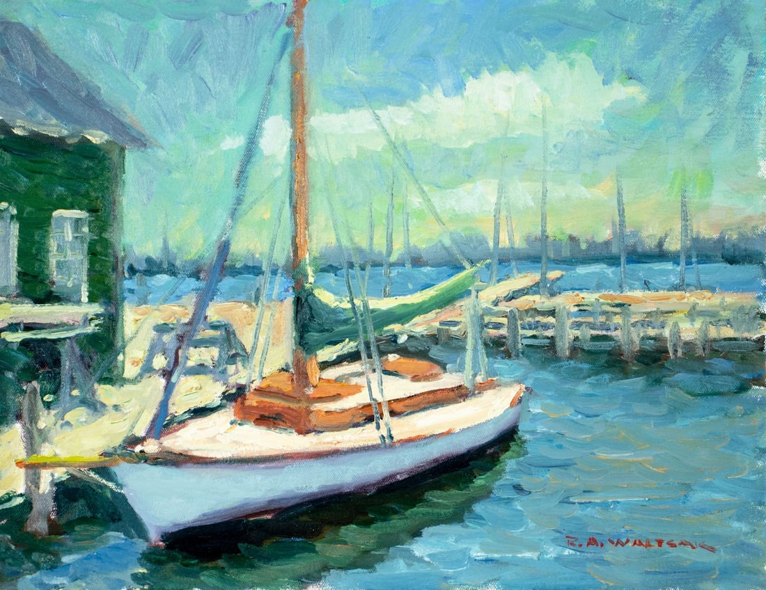 Robert Waltsak (NJ,b 1944) oil painting: ARTIST: Robert Alan Waltsak (New Jersey, born 1944) TITLE: Beatons Boat Yard (titled on verso) YEAR: 2020 MEDIUM: oil on canvas CONDITION: Very good. No