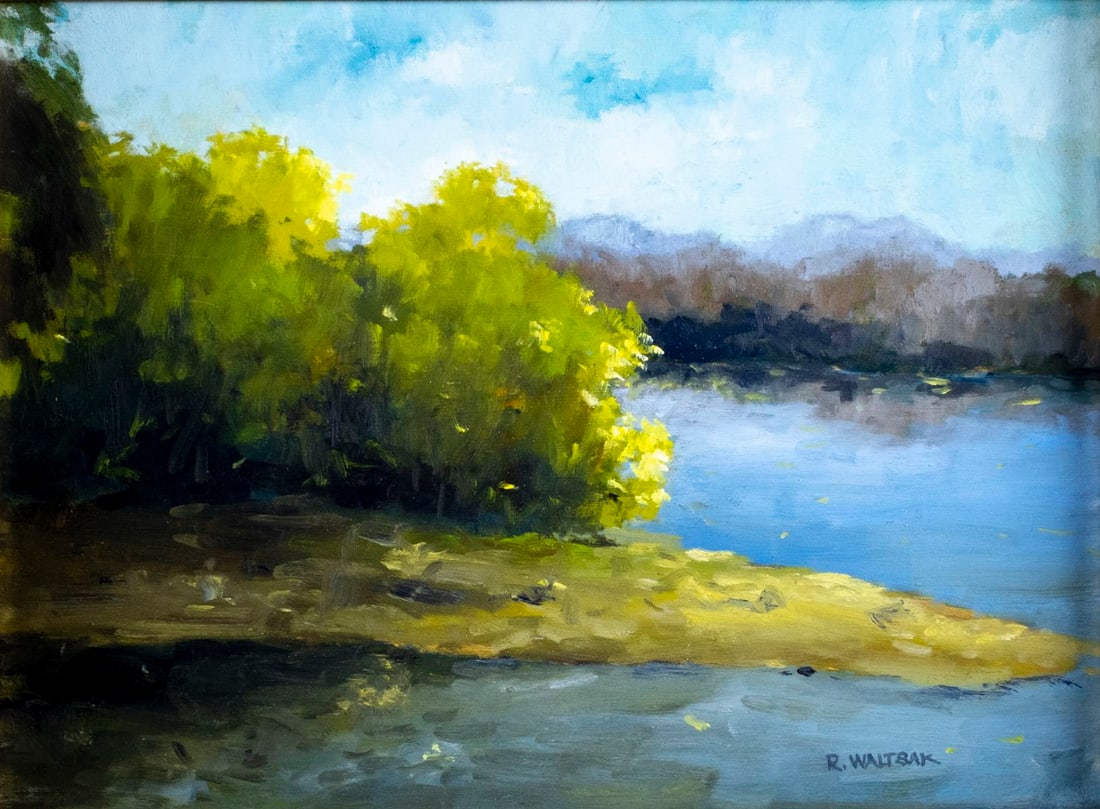 Robert Waltsak (NJ,b 1944) oil painting: ARTIST: Robert Alan Waltsak (New Jersey, born 1944) TITLE: River Landscape MEDIUM: oil on board CONDITION: Very good. No visible inpaint under UV light. ART SIZE