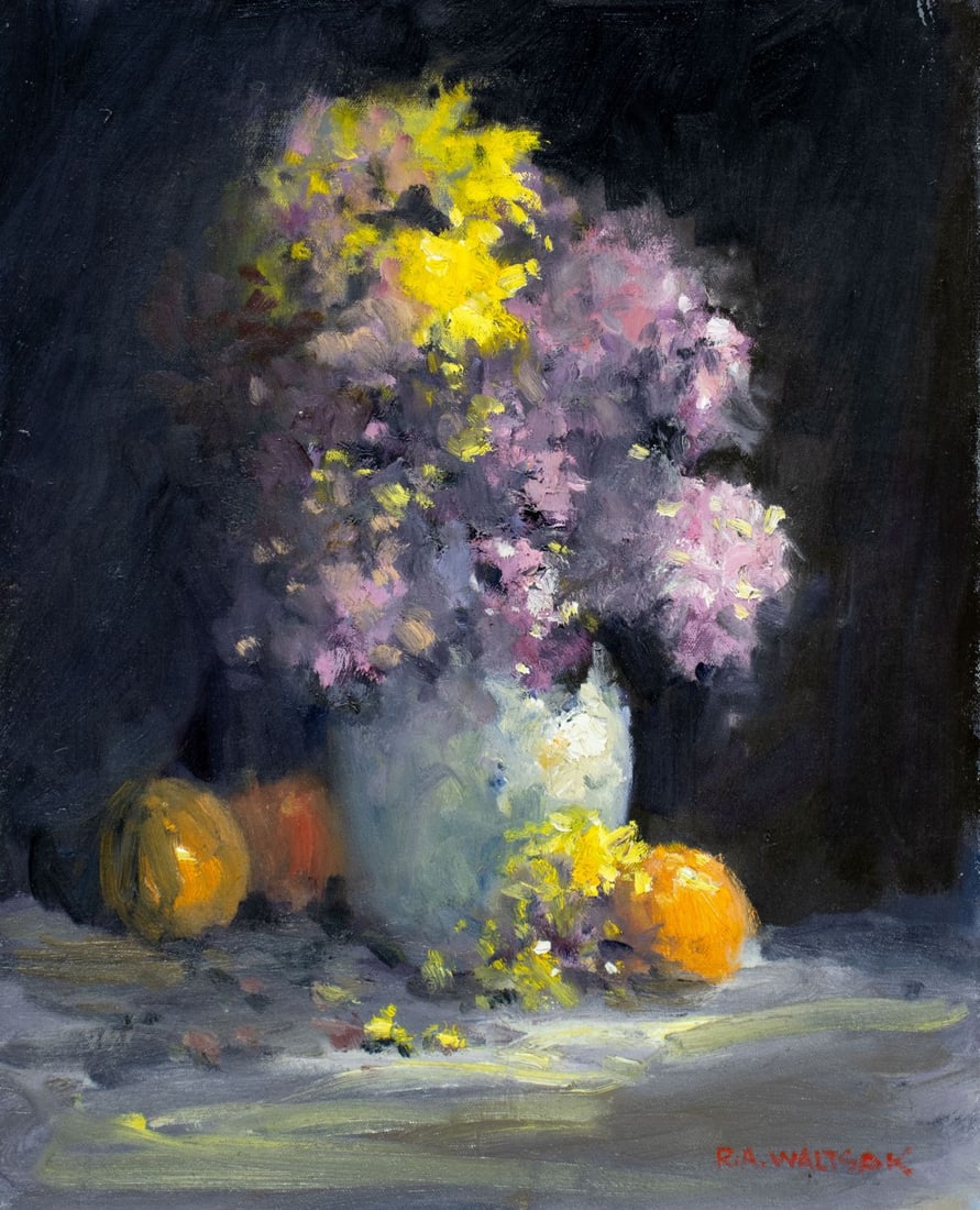 Robert Waltsak (NJ,b 1944) oil painting: ARTIST: Robert Alan Waltsak (New Jersey, born 1944) TITLE: Still Life with Vase of Lilac and Oranges MEDIUM: oil on canvas CONDITION: Few small scratches/paint losses by the