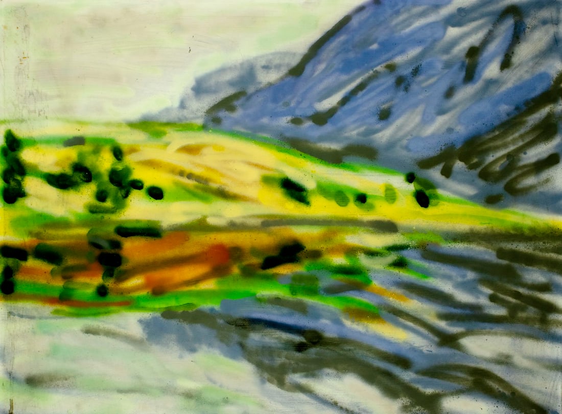 Evelyn Metzger (NY,Brazil,1911-2007) acrylic painting: ARTIST: Evelyn Borchard Metzger (New York, Brazilian, 1911 - 2007) TITLE: Mountain Landscape MEDIUM: acrylic on board CONDITION: Minor scratches/paint losses. No visible i