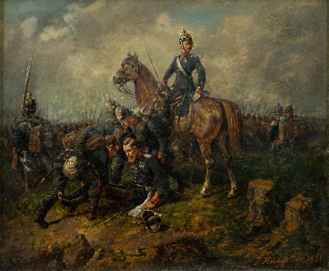 Johann Heinefetter (German,1815-1902) oil painting antique: ARTIST: Johann Baptist Heinefetter (Germany, 1815 - 1902) TITLE: Battle Scene YEAR: 1881 MEDIUM: oil on board CONDITION: Missing a few flakes of paint