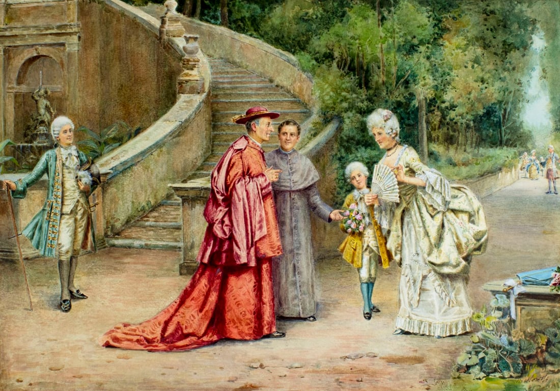 Renato Moretti (Italy,1863-1913) watercolor painting antique: ARTIST: Renato Moretti (Italian, 1863 - 1913) NAME: My Sister MEDIUM: watercolor on paper CONDITION: Very good. Minor age toning. Some damages to frame. SIGHT SIZE: 18 x 26 inches / 45 x