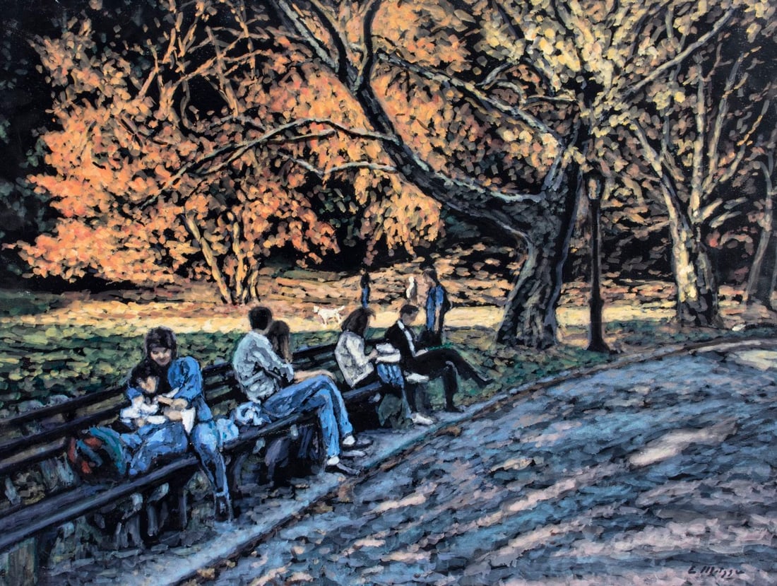 Evelyn Metzger (NY,Brazil,1911-2007) oil painting: ARTIST: Evelyn Borchard Metzger (New York, Brazilian, 1911 - 2007) TITLE: Central Park Scene, NY MEDIUM: oil on board CONDITION: Minor scratches/paint losses. No visible inp