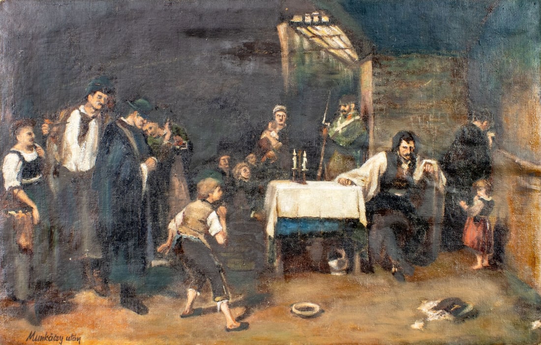 Utan Munkacsy (Hungary,early 20C) oil painting antique: ARTIST: Utan Munkacsy (Hungarian, early 20 century) TITLE: Interior Scene MEDIUM: oil on canvas CONDITION: Some patches. Few small damages to edges of canvas. Few minor pai