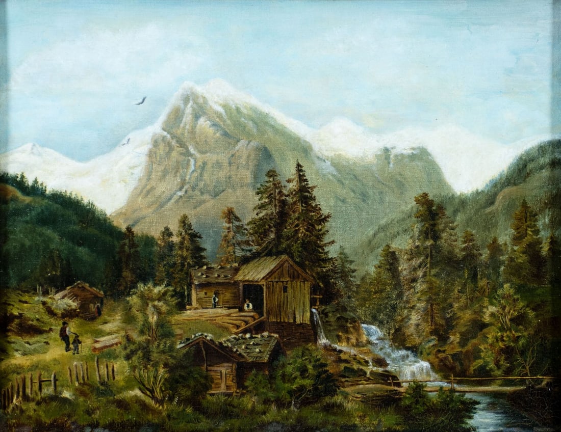 Antique 19C German oil painting: ARTIST: - (Germany, 19 century) TITLE: Mountain Village Landscape MEDIUM: oil on canvas CONDITION: One nail hole by the upper edge. Few very minor scratches/paint losses