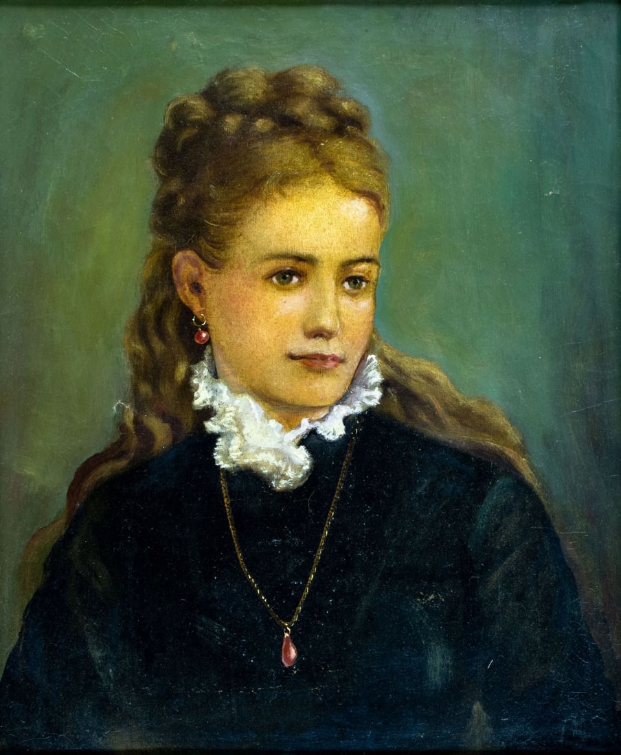Antique early 20C American oil painting: ARTIST: - (American, early 20 century) TITLE: Portrait of Young Woman MEDIUM: oil on canvas CONDITION: Two small patches. Minor scratches/paint losses along edges. Some cr