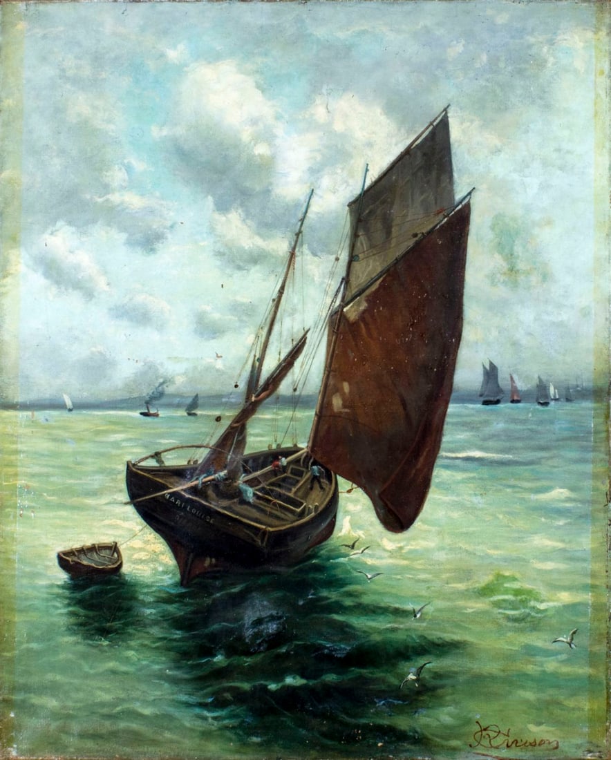 R Grison (Europe,19C) oil painting antique: ARTIST: R Grison (European, 19 century) NAME: Seascape with Sail Boat MEDIUM: oil on canvas CONDITION: One puncture. Nine patch repairs with corresponding inpaintings. Some flaking/paint los