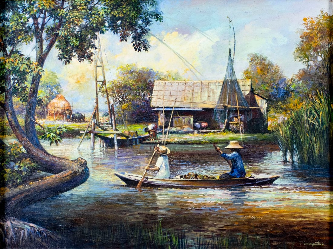 V N Montri (Indonesia,20C) oil painting: ARTIST: V N Montri (Indonesian, 20 century) TITLE: Asian Village Scene MEDIUM: oil on canvas. Canvas applied to board. CONDITION: Very good. No visible inpaint under UV ligh