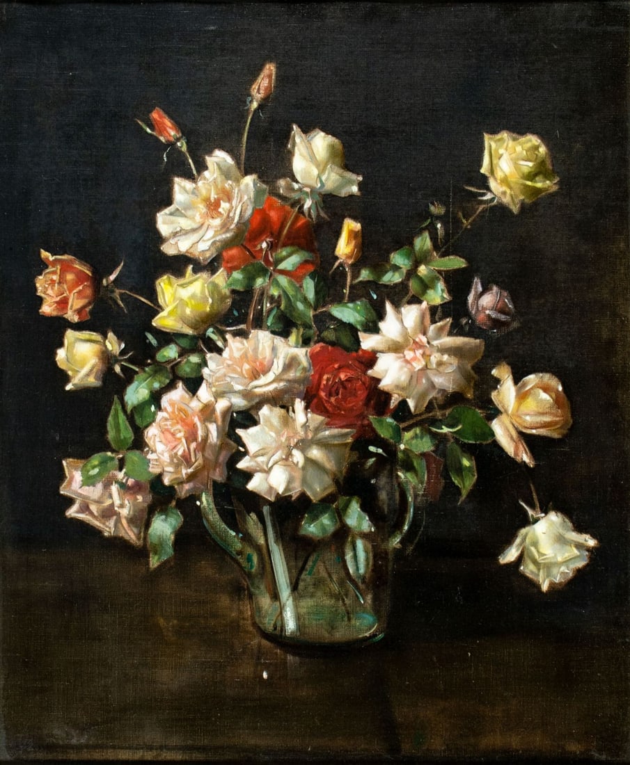 Antique early 20C British oil painting: ARTIST: - (United Kingdom, early 20 century) TITLE: Still Life with Vase of Roses MEDIUM: oil on canvas CONDITION: One patch. Few small scratches/paint losses mostly alon