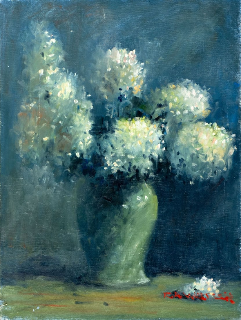 Robert Waltsak (NJ,b 1944) oil painting: ARTIST: Robert Alan Waltsak (New Jersey, born 1944) TITLE: Still Life with Vase of Flowers MEDIUM: oil on canvas CONDITION: Some scratches/paint losses. No visible inpaint u