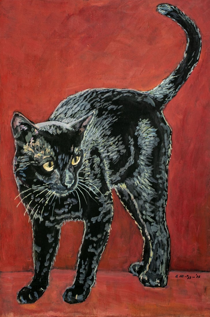 Evelyn Metzger (NY,Brazil,1911-2007) oil painting: ARTIST: Evelyn Borchard Metzger (New York, Brazilian, 1911 - 2007) TITLE: Black Cat (titled on verso) YEAR: 1995 MEDIUM: oil on board CONDITION: Few sm