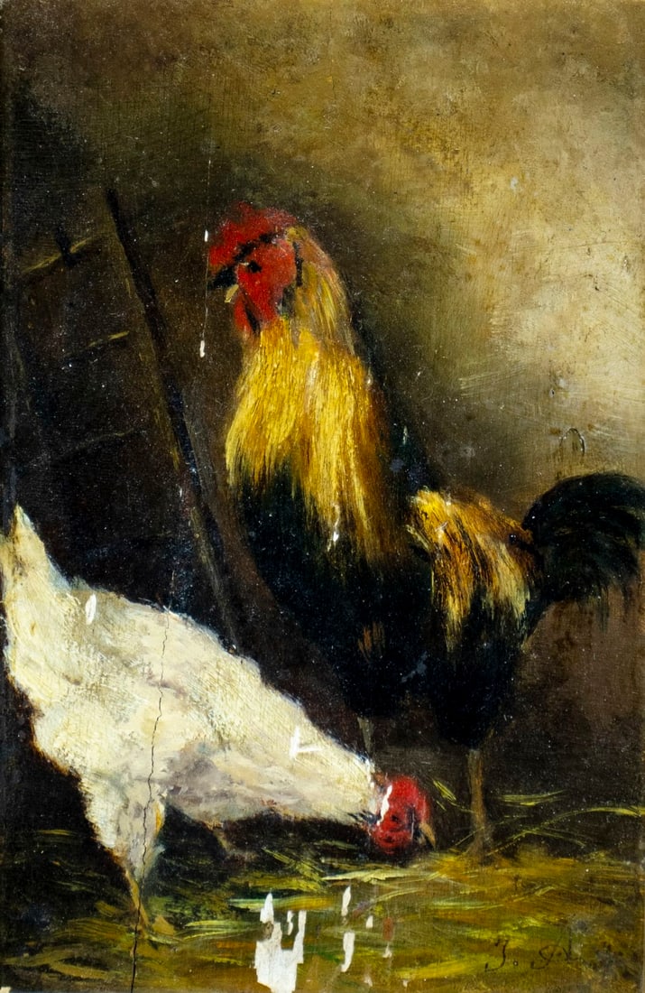 Antique 19C European oil painting signed: ARTIST: - (Europe, 19 century) TITLE: Chickens in Barn MEDIUM: oil on board CONDITION: Board has vertical crack. Some flaking/paint losses. Minor craquelure. Some scattere