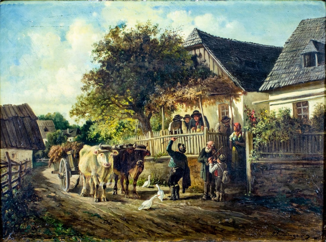 Ignaz Ellminger (Austria,1843-1894) oil painting antique: ARTIST: Ignaz Ellminger (Austrian, 1843 - 1894) TITLE: Country Landscape with Musicians MEDIUM: oil on canvas CONDITION: Few minor paint losses. Some craquelure. No visibl