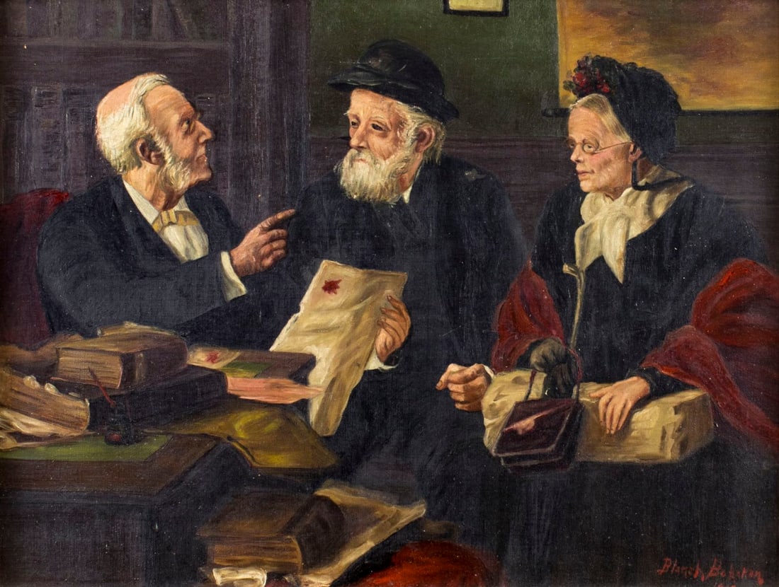Blanch Bohanan (US,19/20C) oil painting antique: ARTIST: Blanch Bohanan (American, 19/20 century) NAME: Acquiring Documents YEAR: 1907 MEDIUM: oil on canvas CONDITION: One puncture repaired with patch and corresponding