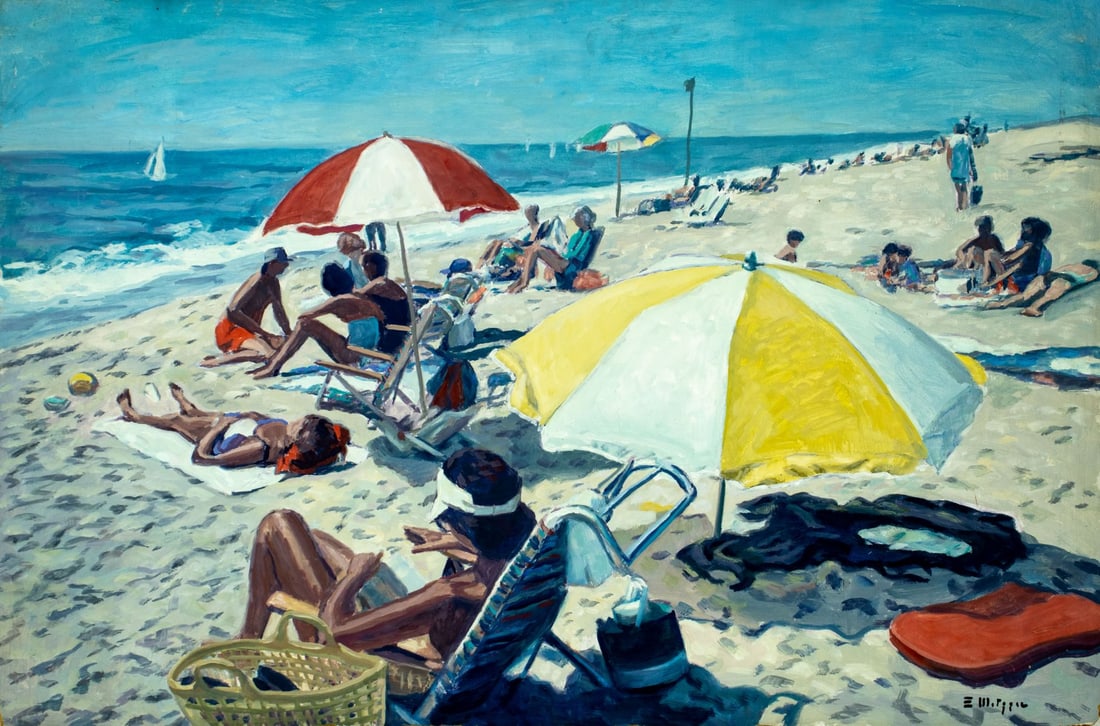 Evelyn Metzger (NY,Brazil,1911-2007) oil painting: ARTIST: Evelyn Borchard Metzger (New York, Brazilian, 1911 - 2007) TITLE: Beach Scene MEDIUM: oil on board CONDITION: Some small damages to corners. Few small scratches/pa