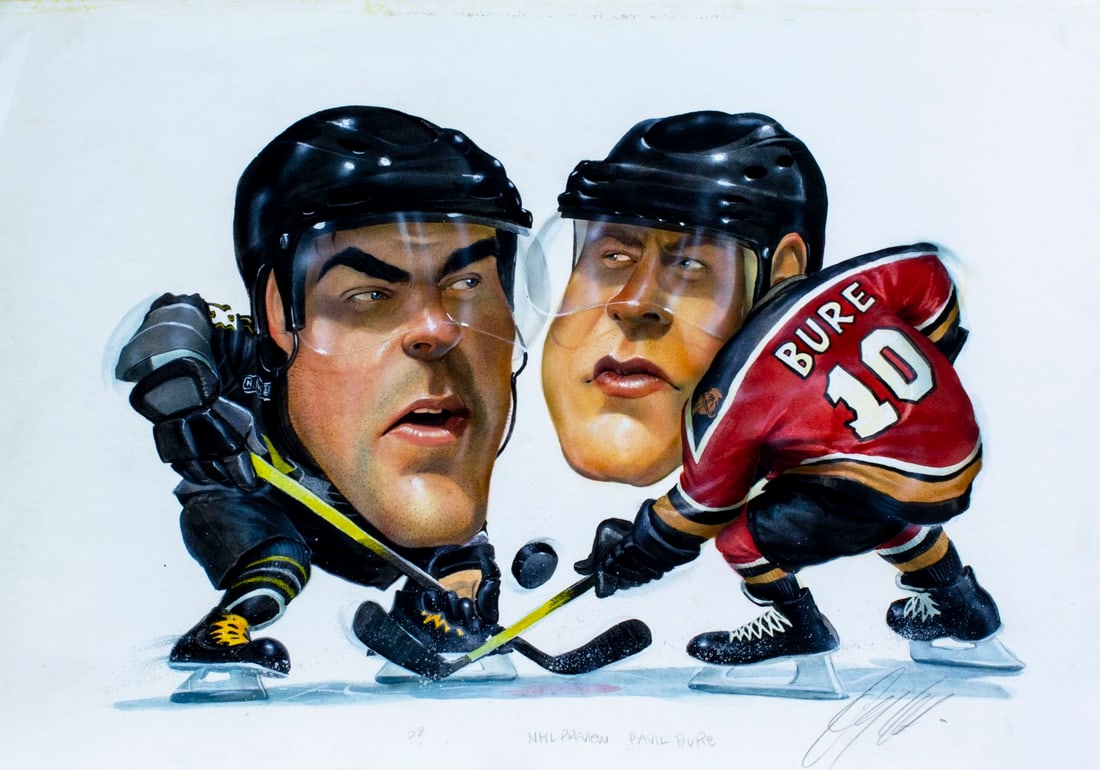 Gary Locke (MO,b 1963) gouache painting: ARTIST: Gary Locke (Missouri, born 1963) TITLE: Pavel Bure MEDIUM: watercolor and gouache on paper CONDITION: Few small crease lines by the upper corners. ART SI