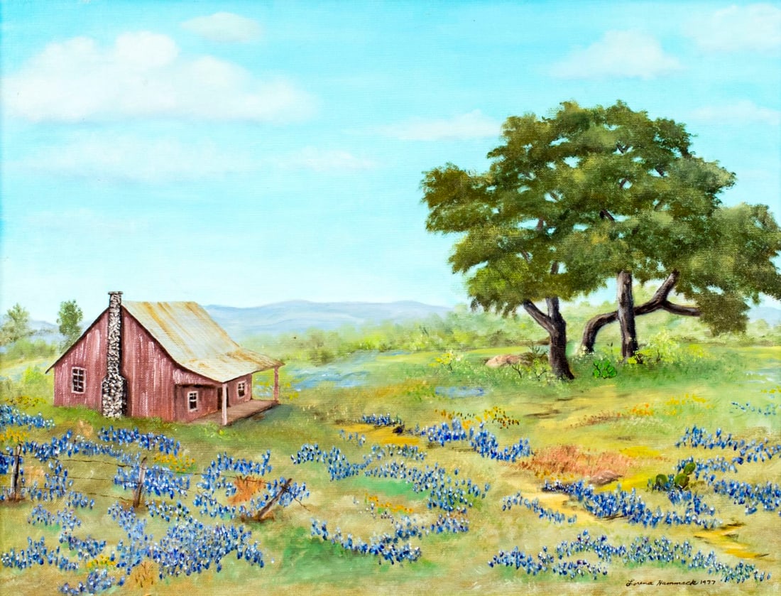 Lorena Hammack (TX,20C) oil painting: ARTIST: Lorena Hammack (Texas, 20 century) NAME: Bluebonnets Landscape YEAR: 1977 MEDIUM: oil on canvas board CONDITION: Very good. No visible inpaint under UV light.