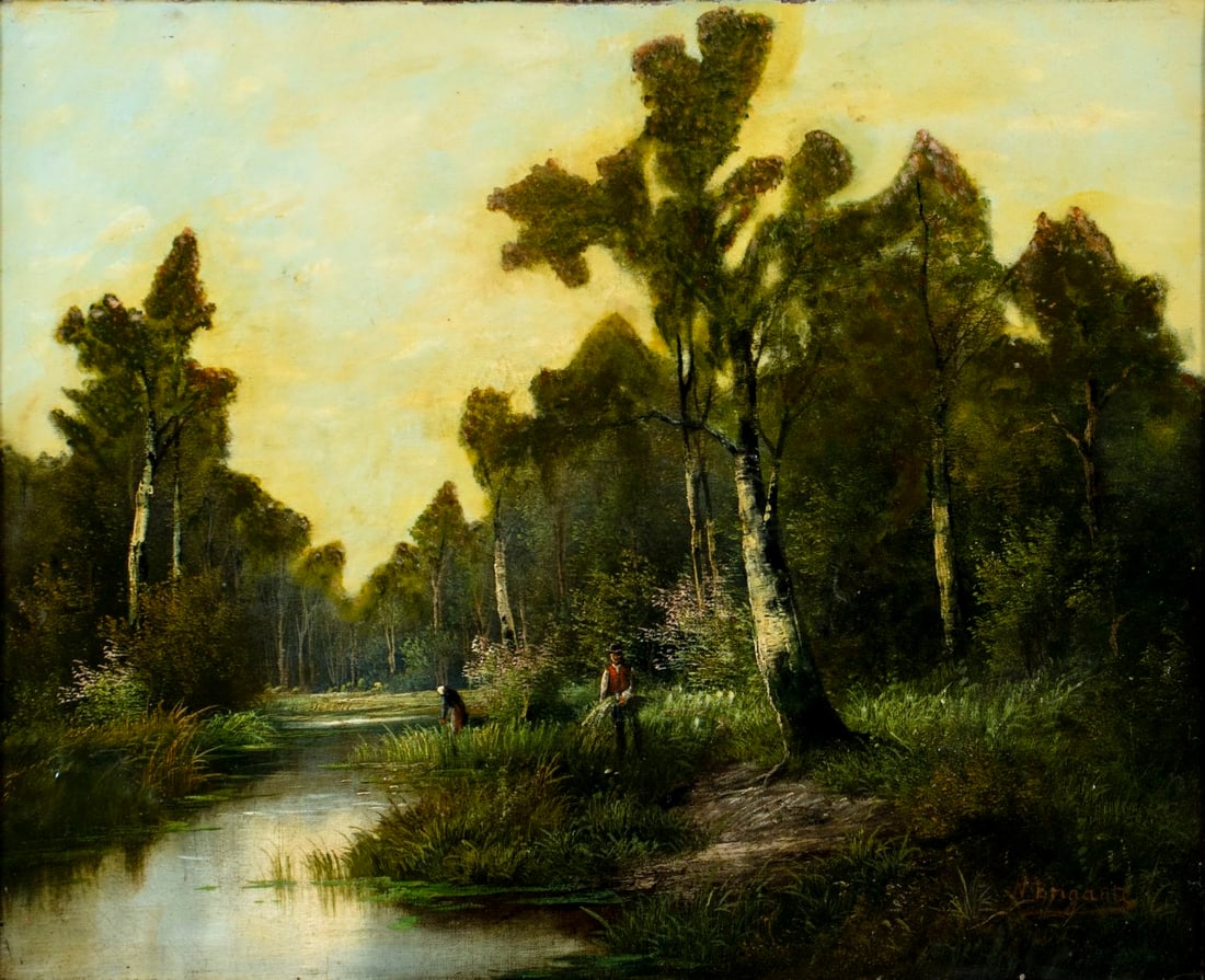 Nicholas Briganti (MA,Italy,1861-1944) oil painting antique: ARTIST: Nicholas Briganti (Massachusetts, Italian, 1861 - 1944) TITLE: Forest River Landscape MEDIUM: oil on canvas CONDITION: Relined. Some small paint losses mostly alon