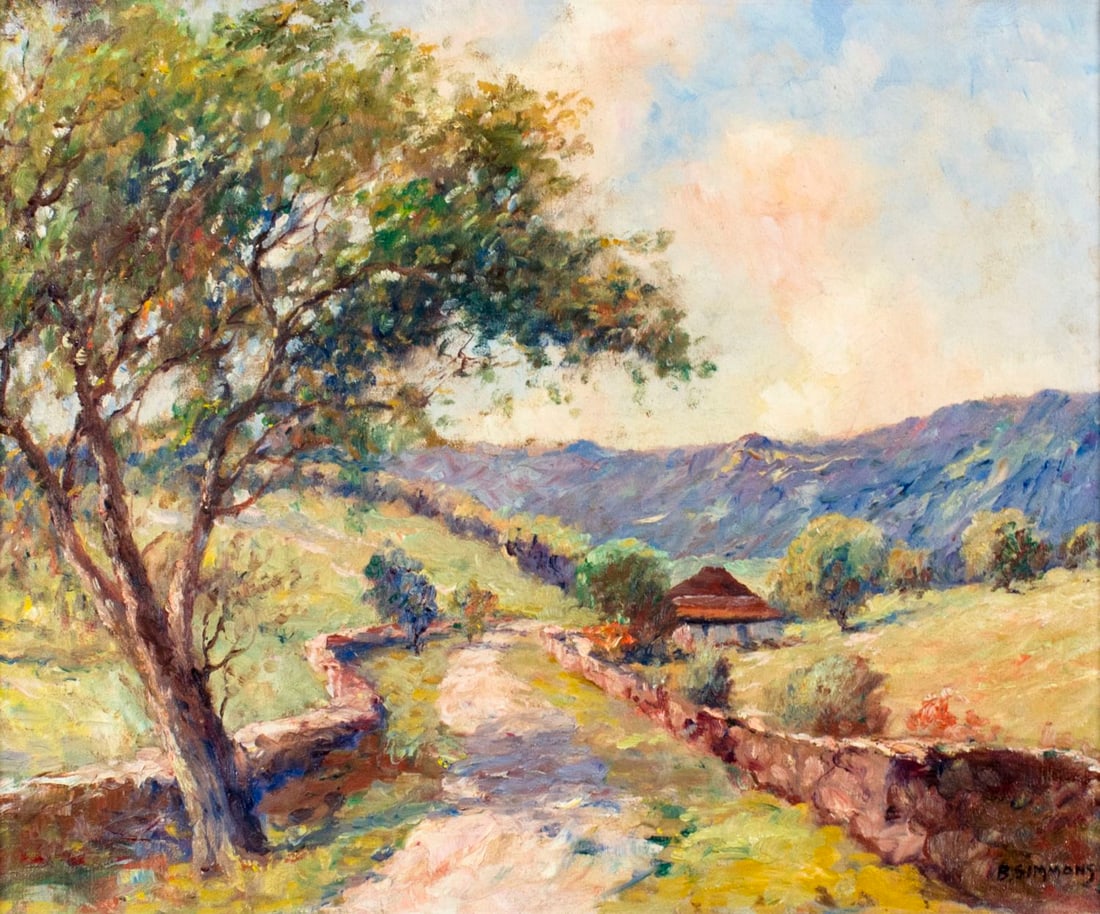 B Simmons (US,mid 20C) oil painting: ARTIST: B Simmons (American, mid 20 century) TITLE: Country Landscape MEDIUM: oil on canvas CONDITION: Minor craquelure. No visible inpaint under UV light. ART S