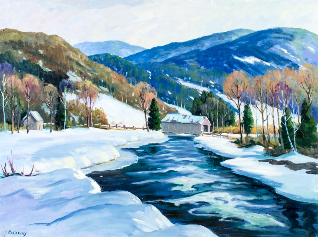 George Holloway (NJ,20C) oil painting: ARTIST: George Holloway (New Jersey, 20 century) TITLE: Winter River Landscape MEDIUM: oil on board CONDITION: Some small paint losses mostly along lower edge. No visible in