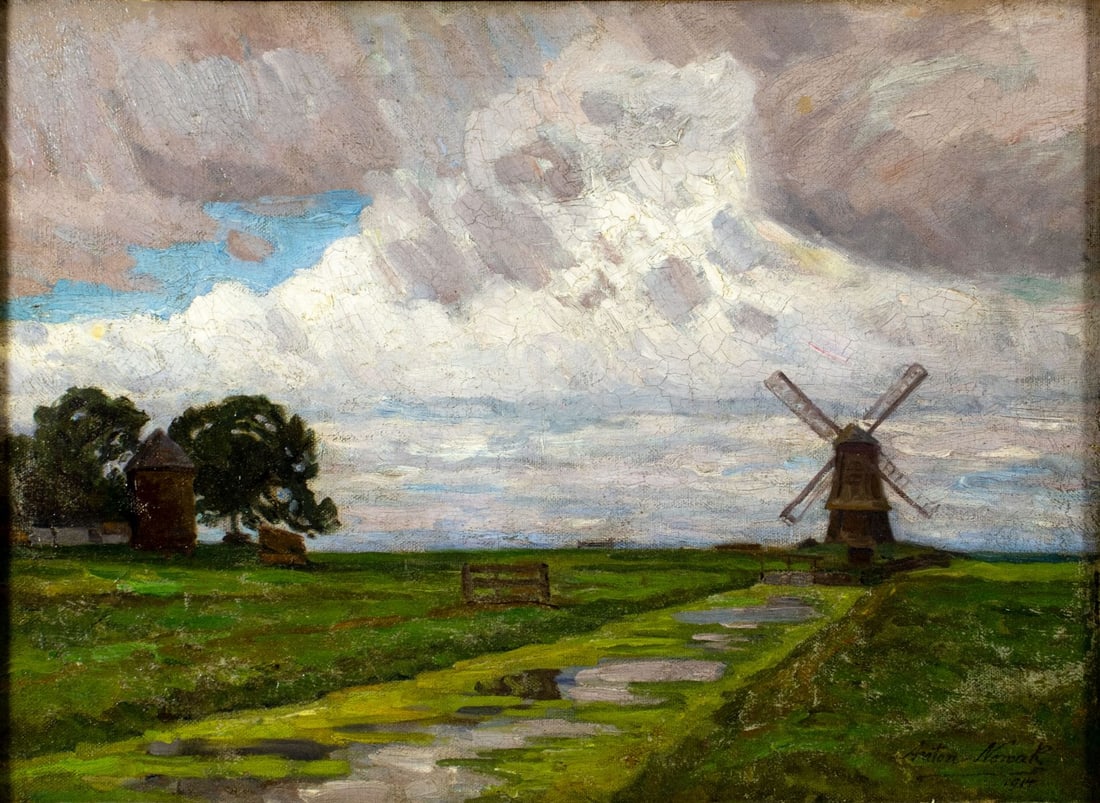 Anton Nowak (Austria,1865-1932) oil painting antique: ARTIST: Anton Nowak (Austrian, 1865 - 1932) TITLE: Windmill Landscape Near Valendam, Holland YEAR: 1914 MEDIUM: oil on canvas CONDITION: Two repaired t