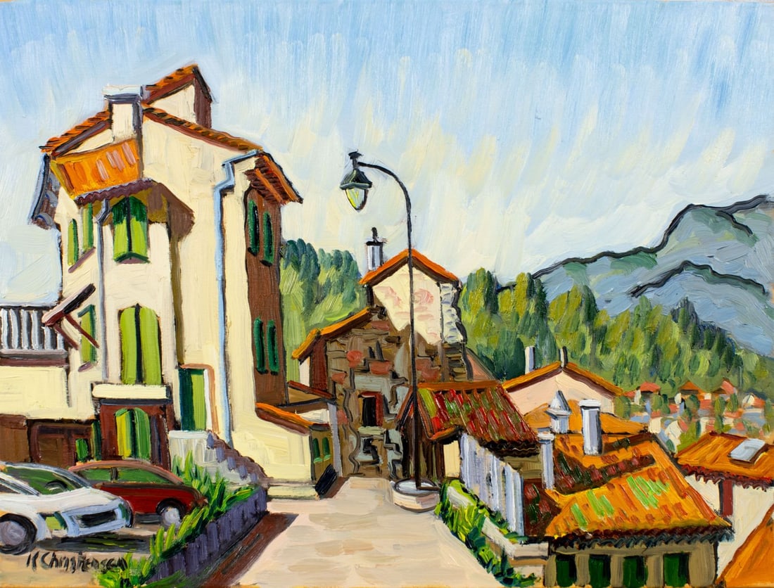 Ken Christensen (MI,CA,OH,b 1951) oil painting: ARTIST: Ken Christensen (Michigan, California, Ohio, born 1951) TITLE: Mountain Cityscape MEDIUM: oil on canvas CONDITION: Missing a few flakes of paint. No visible inpaint