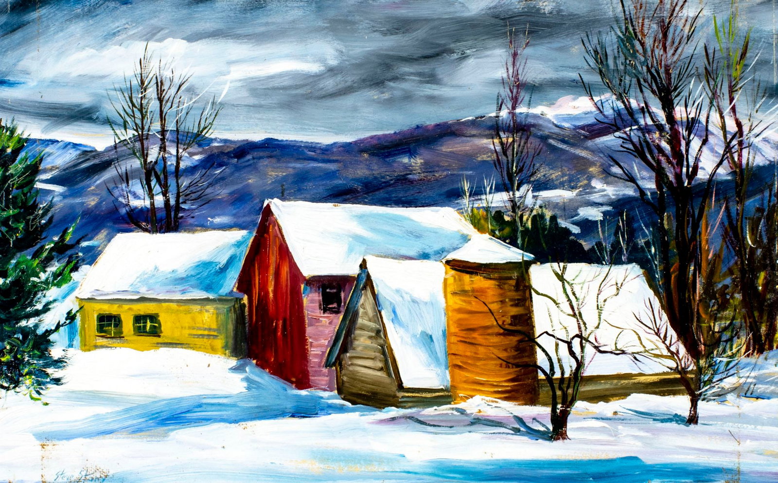 Stephen Story (NY,1915-1988) oil painting: ARTIST: Stephen S Story (New York, 1915 - 1988) TITLE: Landscape - Near Hogback, VT (titled on verso) YEAR: 1962 MEDIUM: oil on board CONDITION: Few sm