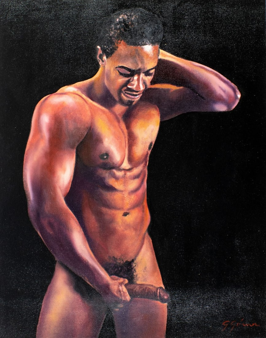 Gustavo Gomez (Colombia,FL,b 1956) oil painting: ARTIST: Gustavo Alonso Gomez (Colombian, Florida, born 1956) TITLE: Male Nude (titled on verso) MEDIUM: oil on canvas CONDITION: Unstretched (In-House stretching available).