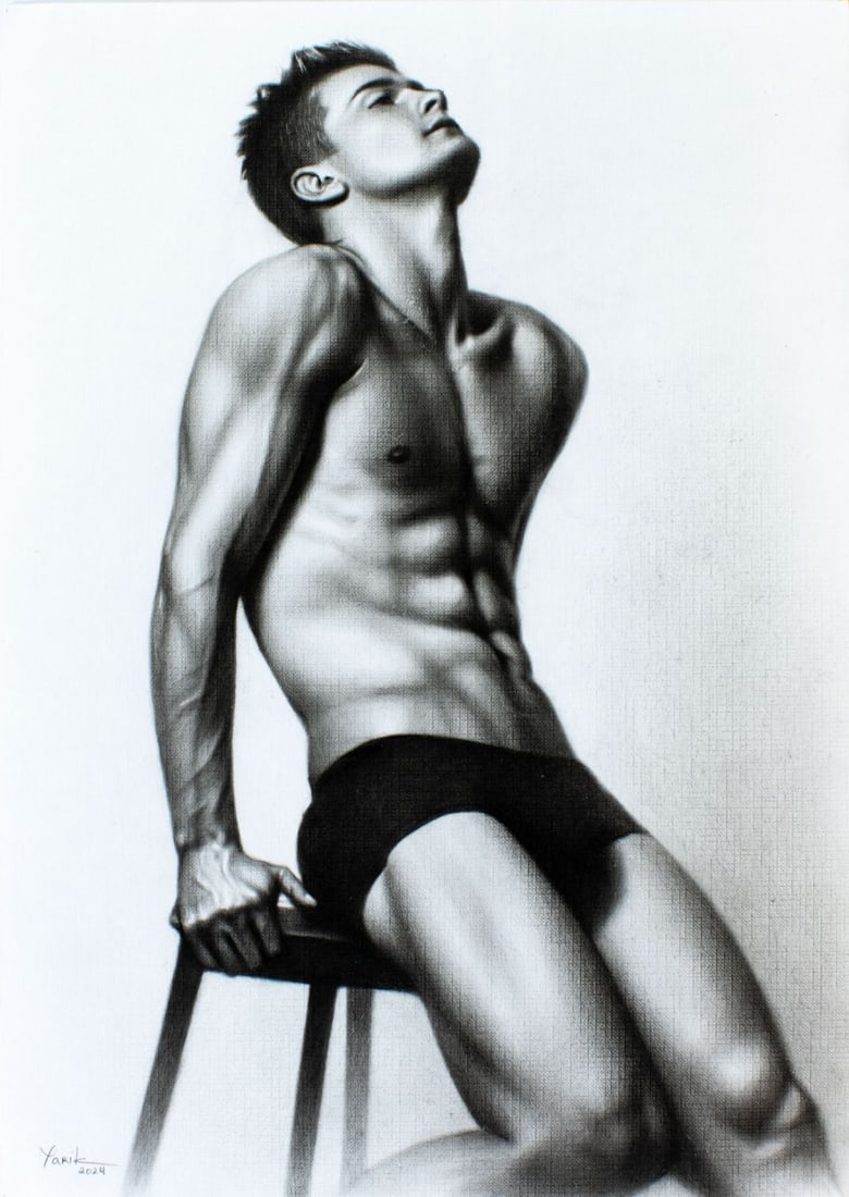 Yaroslav Novostavskiy (Ukraine,b 1989) oil painting: ARTIST: Yaroslav Novostavskiy (Ukrainian, born 1989) TITLE: Male Semi Nude MEDIUM: dry brush oil on heavy paper CONDITION: Very good. ART SIZE: 17 x 12
