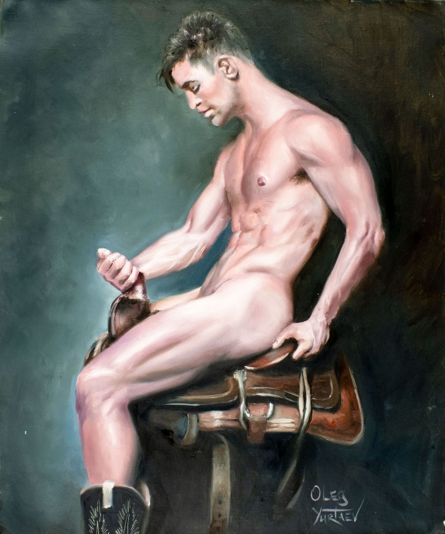 Oleg Yurtaev (Russia,b 1981) oil painting: ARTIST: Oleg Yurtaev (Russian, born 1981) TITLE: Male Nude - On Horseback (titled on verso) MEDIUM: oil on canvas CONDITION: Unstretched (In-House stretching available). Ve