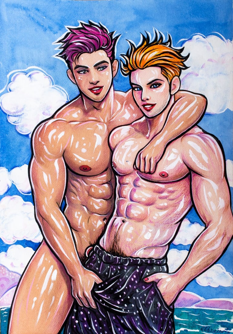 Alex Ukrainets (Ukraine,b 2001) mixed media painting: ARTIST: Alex Ukrainets (Ukrainian, born 2001) TITLE: Male Nudes - Waves of Love (titled on verso) MEDIUM: mixed media on heavy paper CONDITION: Very good. ART SIZ