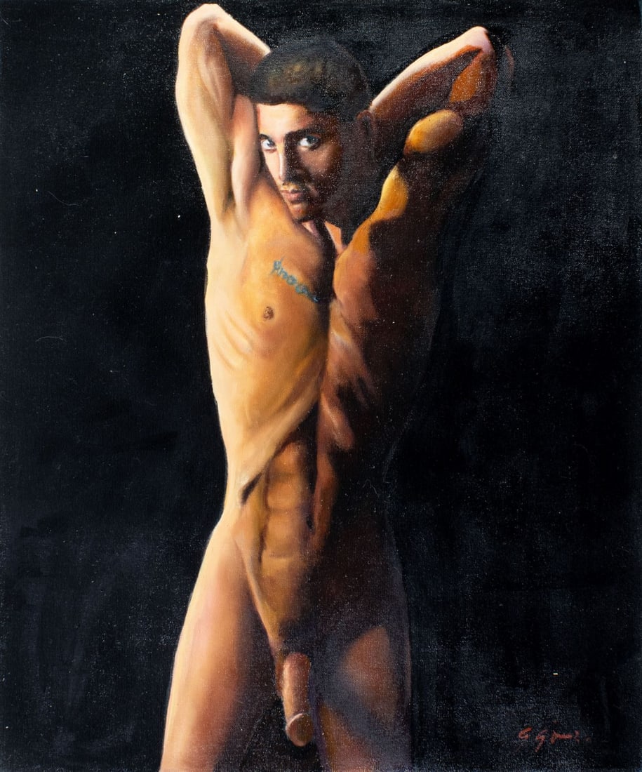 Gustavo Gomez (Colombia,FL,b 1956) oil painting: ARTIST: Gustavo Alonso Gomez (Colombian, Florida, born 1956) TITLE: Male Nude (titled on verso) MEDIUM: oil on canvas CONDITION: Unstretched (In-House stretching available).