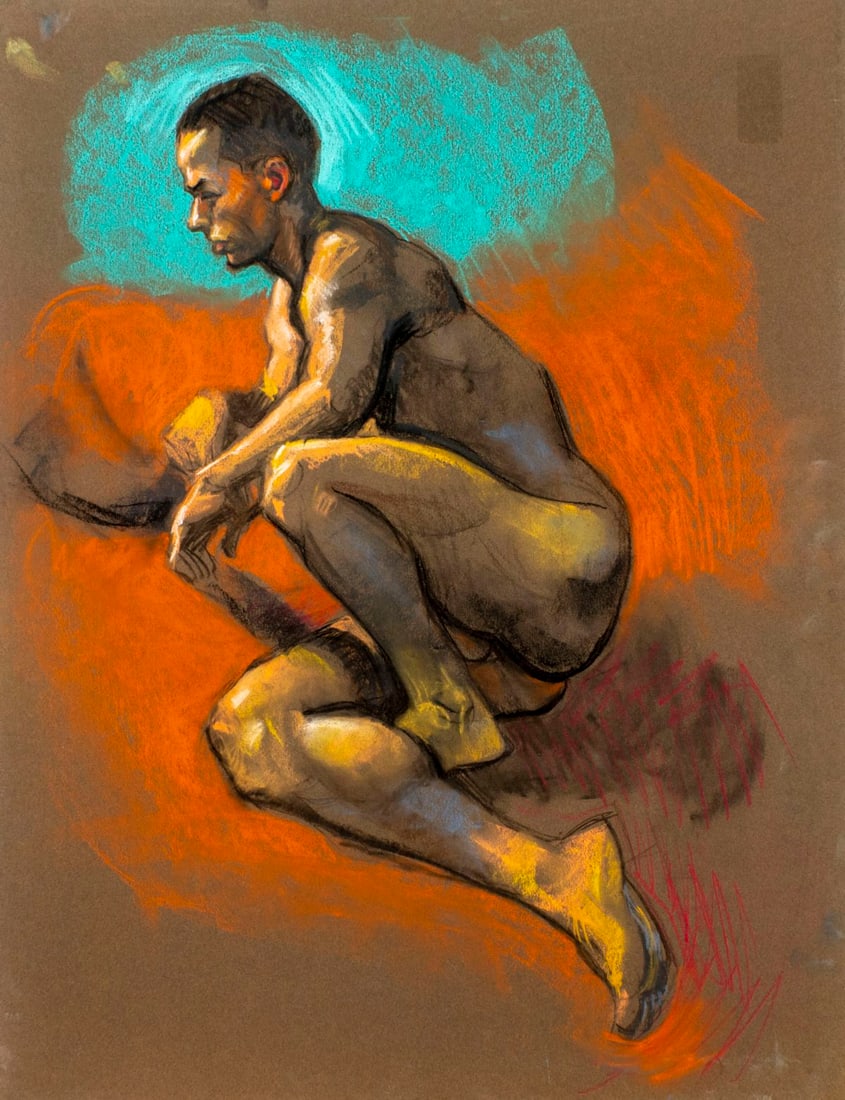Karl Foster (PA,b 1933) pastel painting: ARTIST: Karl Foster (Pennsylvania, born 1933) TITLE: Male Nude MEDIUM: pastel on paper CONDITION: Very good. ART SIZE: 26 x 20 inches / 66 x 50 cm