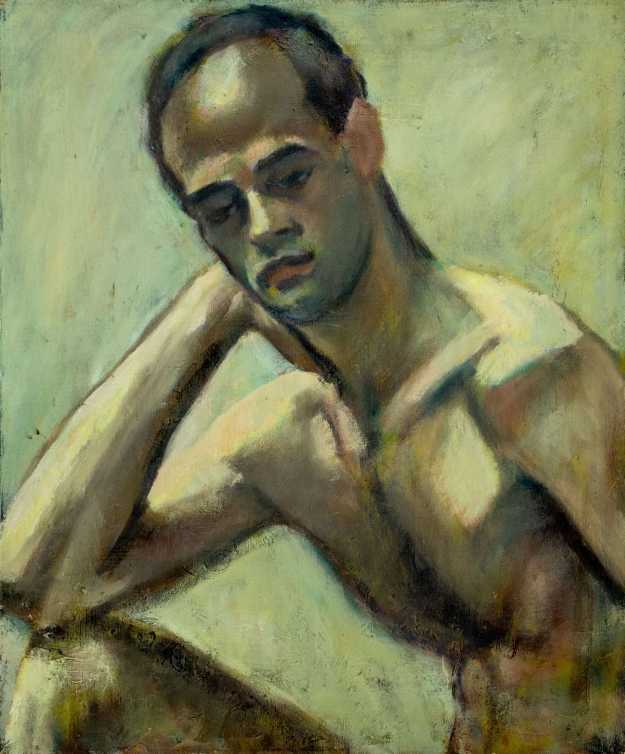 Evelyn Metzger (NY,Brazil,1911-2007) oil painting: ARTIST: Evelyn Borchard Metzger (New York, Brazilian, 1911 - 2007) TITLE: Male Nude MEDIUM: oil on canvas CONDITION: Some small damages to lower edge and corners of canvas