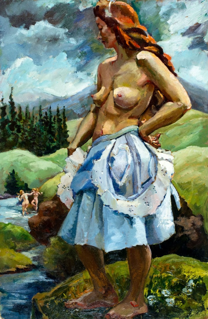 Christina Bauer (US,1909-1996) oil painting antique: ARTIST: Christina Bauer (American, 1909 - 1996) TITLE: Nudes - Swimming in the Summer Hills YEAR: 1944 MEDIUM: oil on board CONDITION: Some damages to