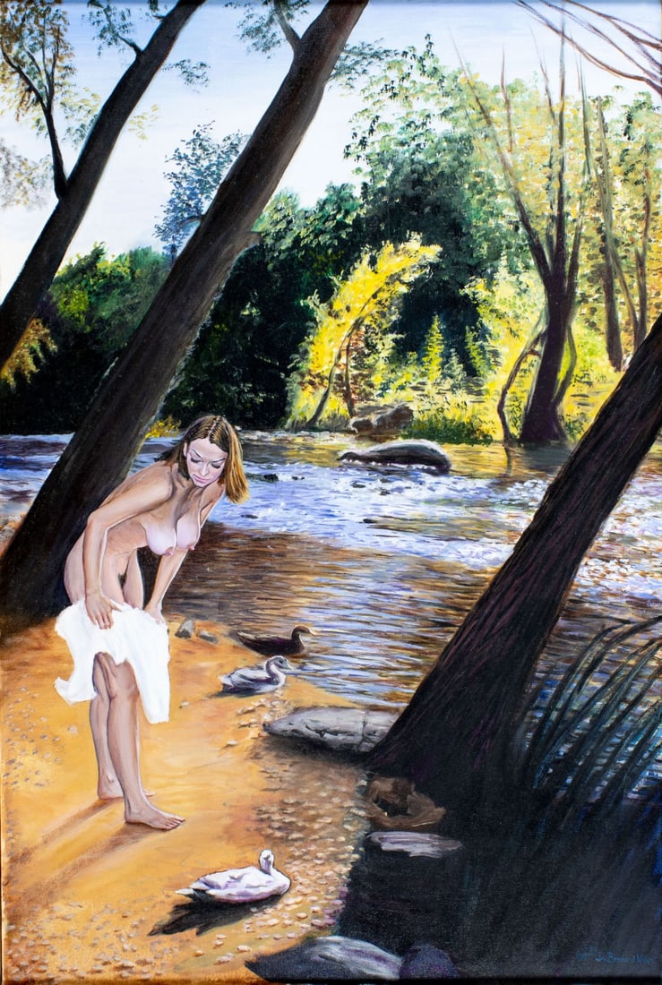 Bernard Widen (IL,1921-2017) oil painting: ARTIST: Bernard Widen (Illinois, 1921 - 2017) TITLE: Nude Bather by the River YEAR: 1997 MEDIUM: oil on canvas CONDITION: Very good. No visible inpaint