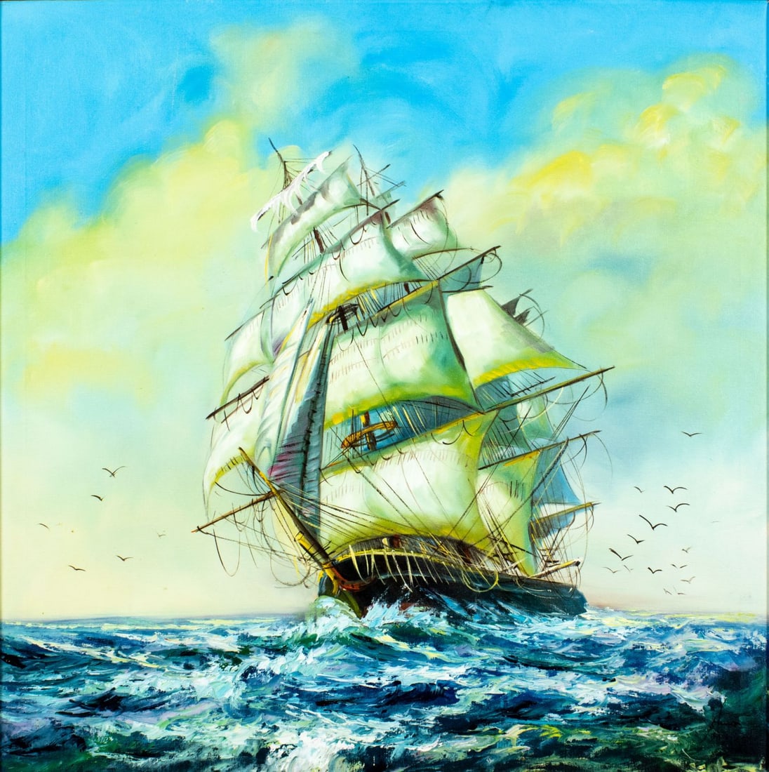 Vintage 20C American oil painting signed: ARTIST: - (American, 20 century) TITLE: Sail Ship MEDIUM: oil on canvas CONDITION: Few minor scratches/paint losses. Minor craquelure. No visible inpaint under UV light. <
