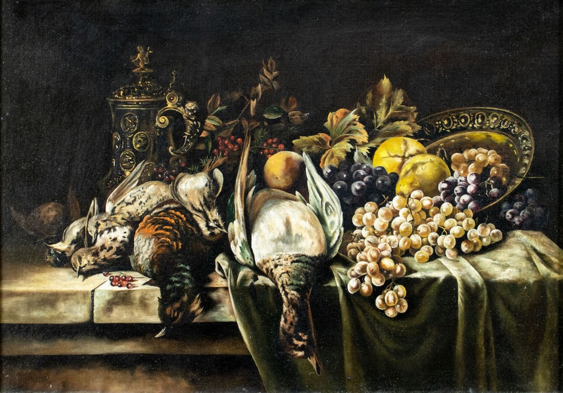 Antique 19C German oil painting: ARTIST: - (Germany, 19 century) TITLE: Still Life with Dead Game and Fruit YEAR: 1875 MEDIUM: oil on canvas CONDITION: Minor scratches/paint losses. So