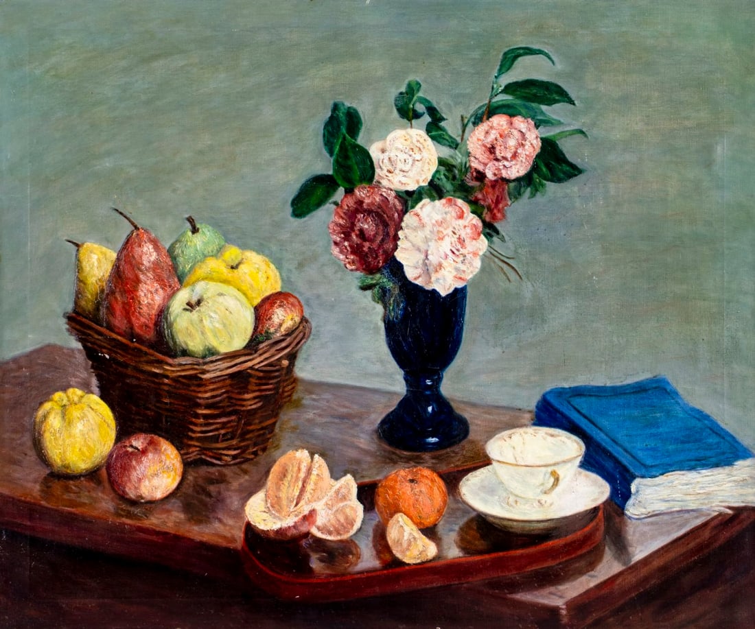 Winifred Artaud (DC,mid 20C) oil painting: ARTIST: Winifred Artaud (District of Columbia, mid 20 century) AFTER Henri Fantin Latour TITLE: Still Life with Fruits and Flowers YEAR: 1956 MEDIUM: oil on canvas