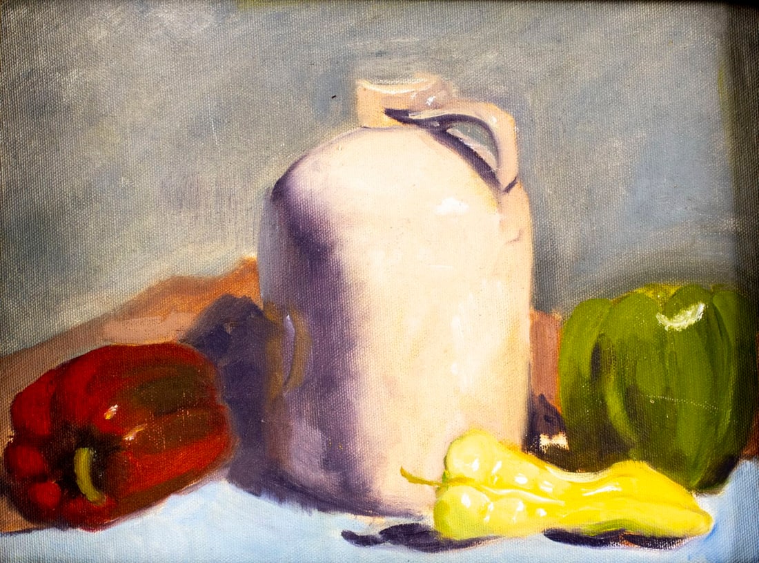 Vintage 20C American oil painting: ARTIST: - (American, 20 century) TITLE: Still Life with Jug and Peppers MEDIUM: oil on canvas board CONDITION: Minor scratches by the lower right corner. No visible inpain