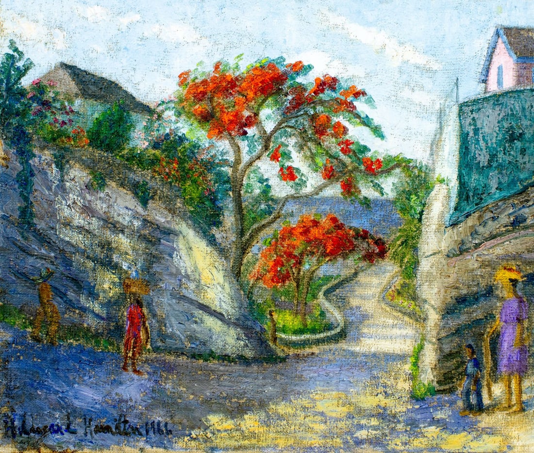 Hildegarde Hamilton (FL,VA,1898-1970) oil painting: ARTIST: Hildegarde Hume Hamilton (Florida, Virginia, 1898 - 1970) TITLE: Street Scene YEAR: 1966 MEDIUM: oil on canvas CONDITION: Missing a few flakes
