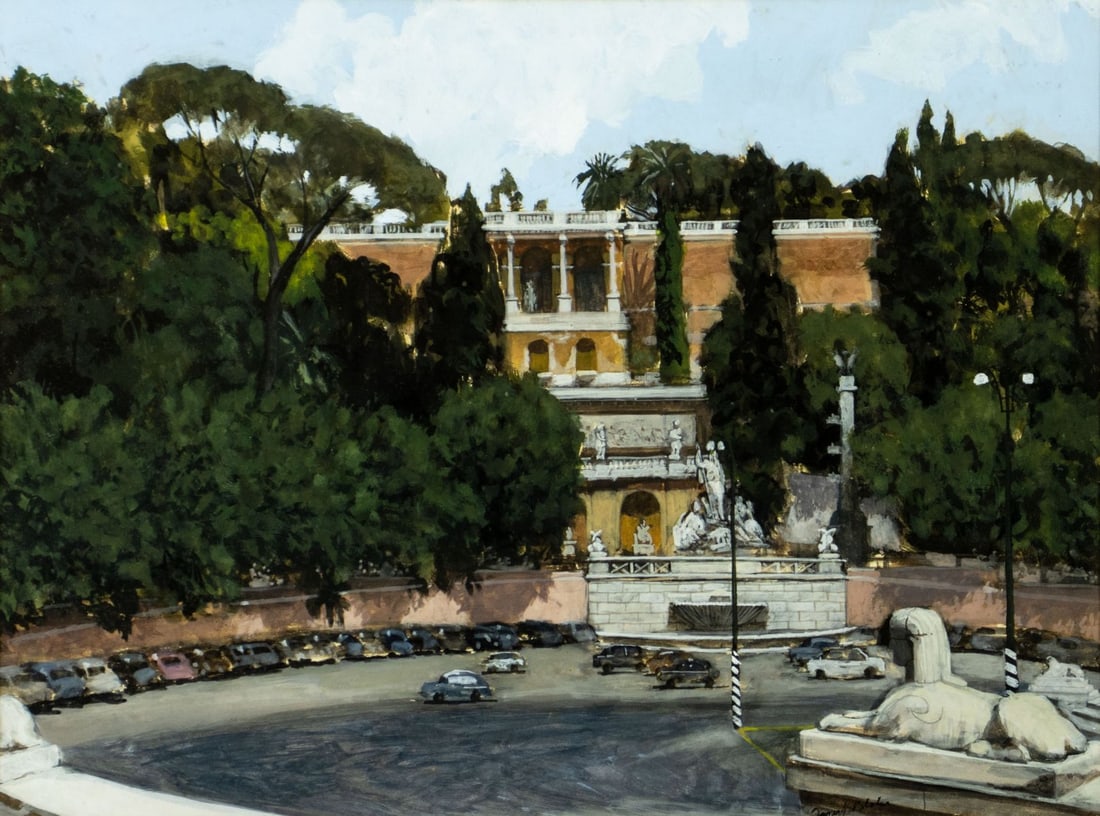James Blake (TX,CO,French,1932-2020) gouache painting: ARTIST: James Richard Blake (Texas, Colorado, France, 1932 - 2020) TITLE: Piazza del Popolo, Rome, Italy (titled on verso) MEDIUM: gouache on paper CONDITION: Very good. F