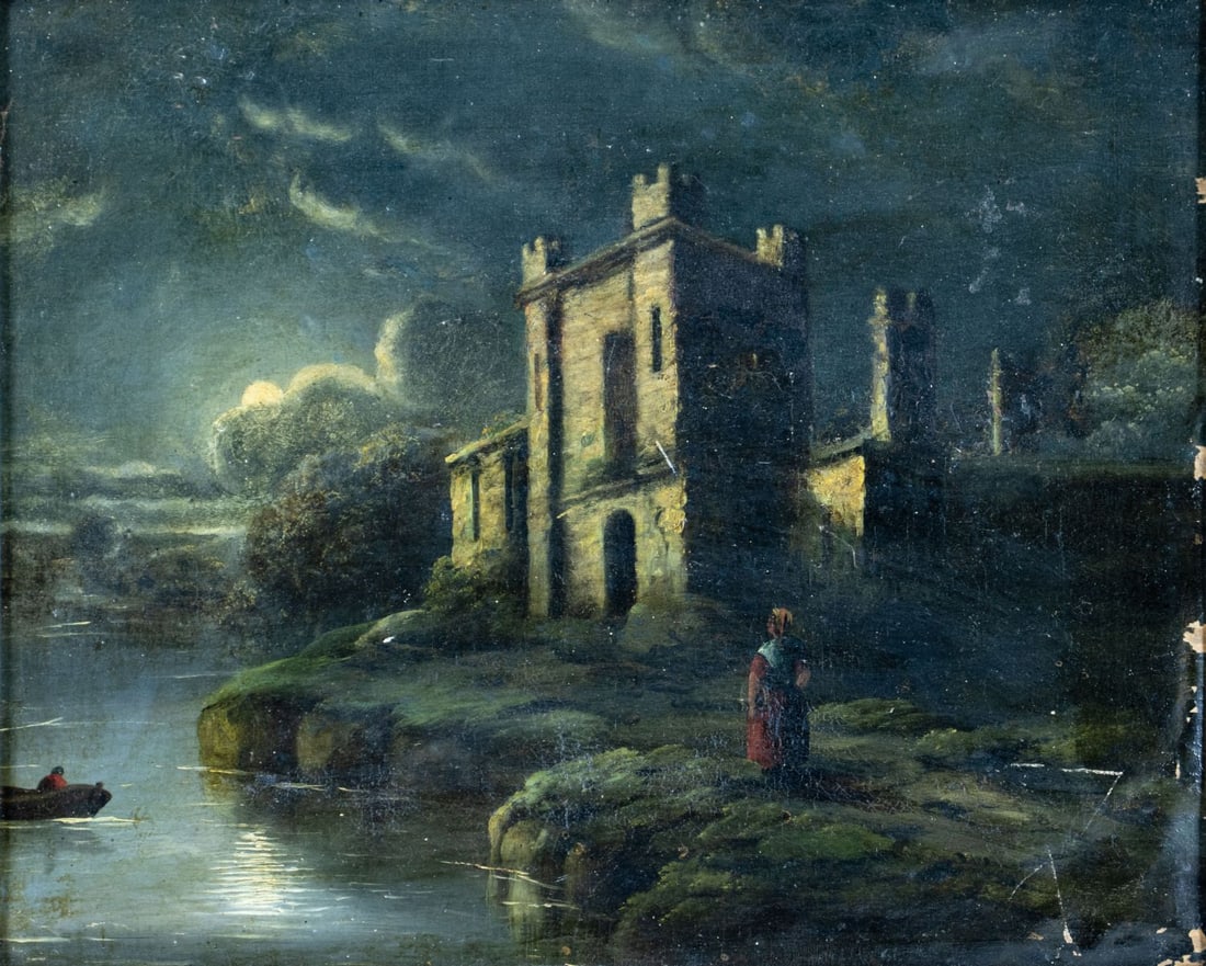 Antique 19C European oil painting: ARTIST: - (Europe, 19 century) TITLE: Moonlit Castle Landscape MEDIUM: oil on canvas. Canvas applied to board. CONDITION: Some flaking/paint losses. Few small scratches mo