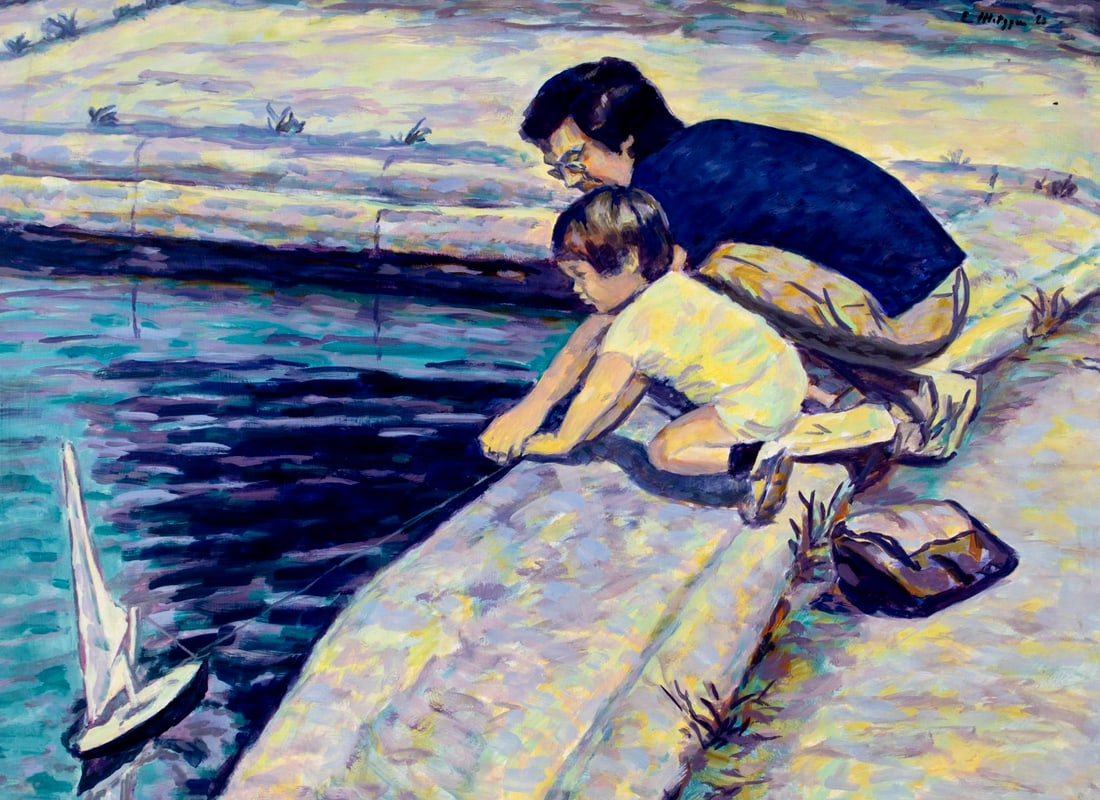 Evelyn Metzger (NY,Brazil,1911-2007) oil painting: ARTIST: Evelyn Borchard Metzger (New York, Brazilian, 1911 - 2007) TITLE: Father and Son with Toy Boat YEAR: 1983 MEDIUM: oil on board CONDITION: Few min