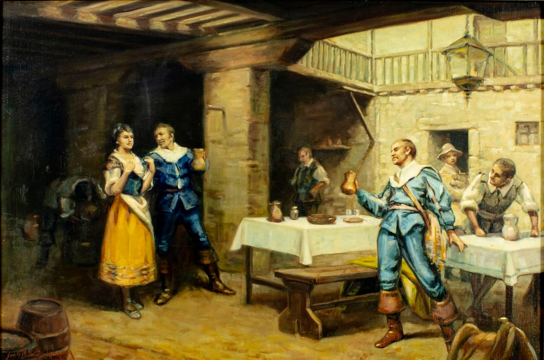 Jose Fuentes de Salamanca (Spain,1934-?) oil painting: ARTIST: Jose Fuentes de Salamanca (Spanish, 1934 - ???) TITLE: Tavern Scene MEDIUM: oil on canvas CONDITION: Very minor craquelure. No visible inpaint under UV light. Wear