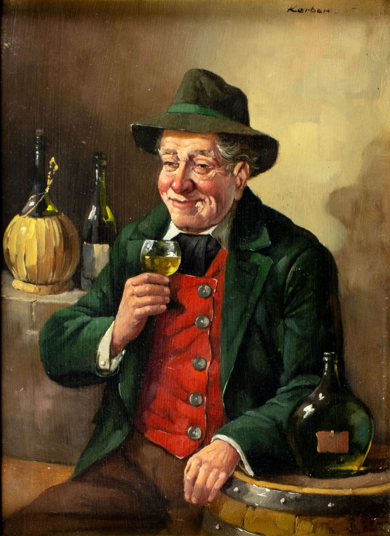 Franz Kerber (German,1901-1945) oil painting antique: ARTIST: Franz Kerber (Germany, 1901 - 1945) TITLE: Man Drinking Wine MEDIUM: oil on board CONDITION: Few very minor paint losses. No visible inpaint under UV light. Wear t