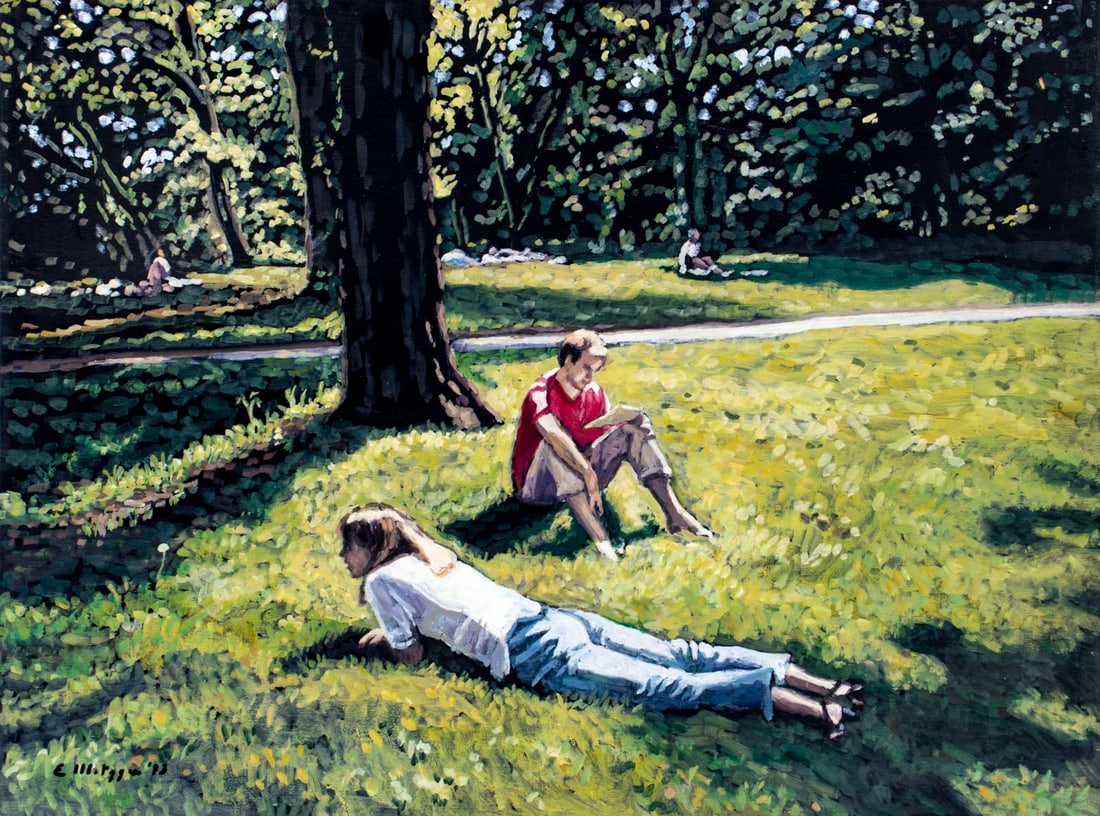 Evelyn Metzger (NY,Brazil,1911-2007) oil painting: ARTIST: Evelyn Borchard Metzger (New York, Brazilian, 1911 - 2007) TITLE: Under the Tree, Central Park, NY YEAR: 1993 MEDIUM: oil on board CONDITION: Mi
